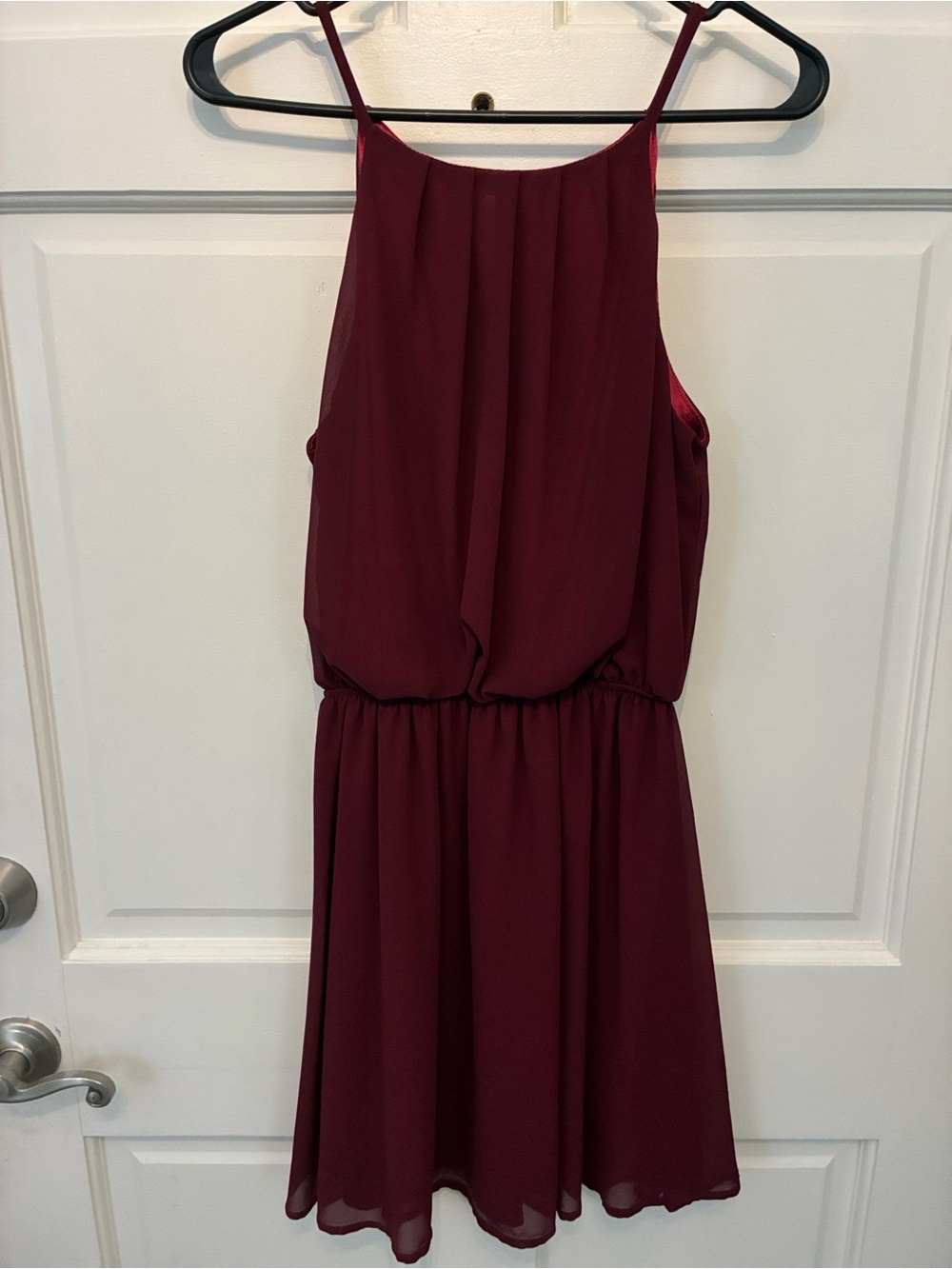 Perfection Wine-Red Halter Spaghetti-Strap Mini Dress